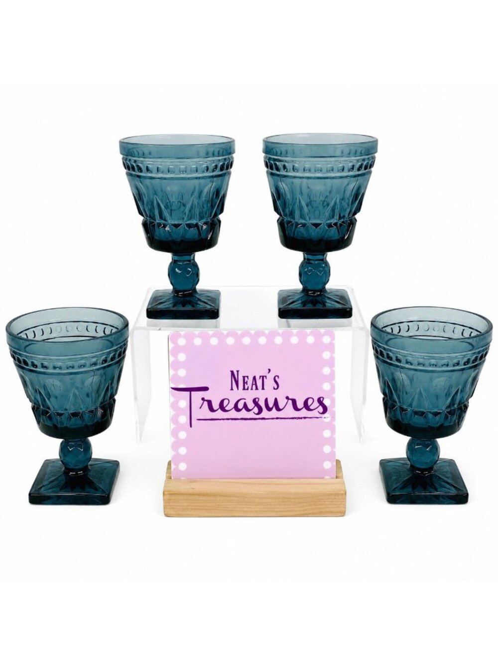 Vintage Colony PARK LANE BLUE Square Base  Press Stem 4oz Wine Glasses Set of 4